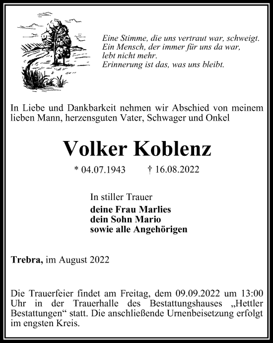 Traueranzeige von Volker Koblenz von Thüringer Allgemeine