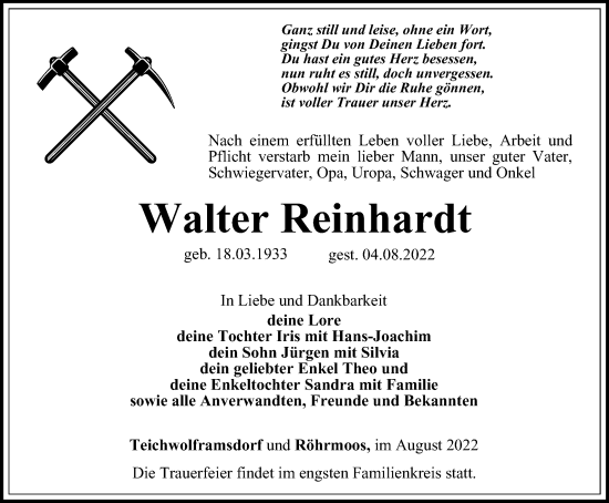 Traueranzeige von Walter Reinhardt von Ostthüringer Zeitung