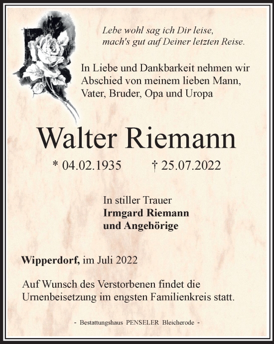 Traueranzeige von Walter Riemann von Thüringer Allgemeine