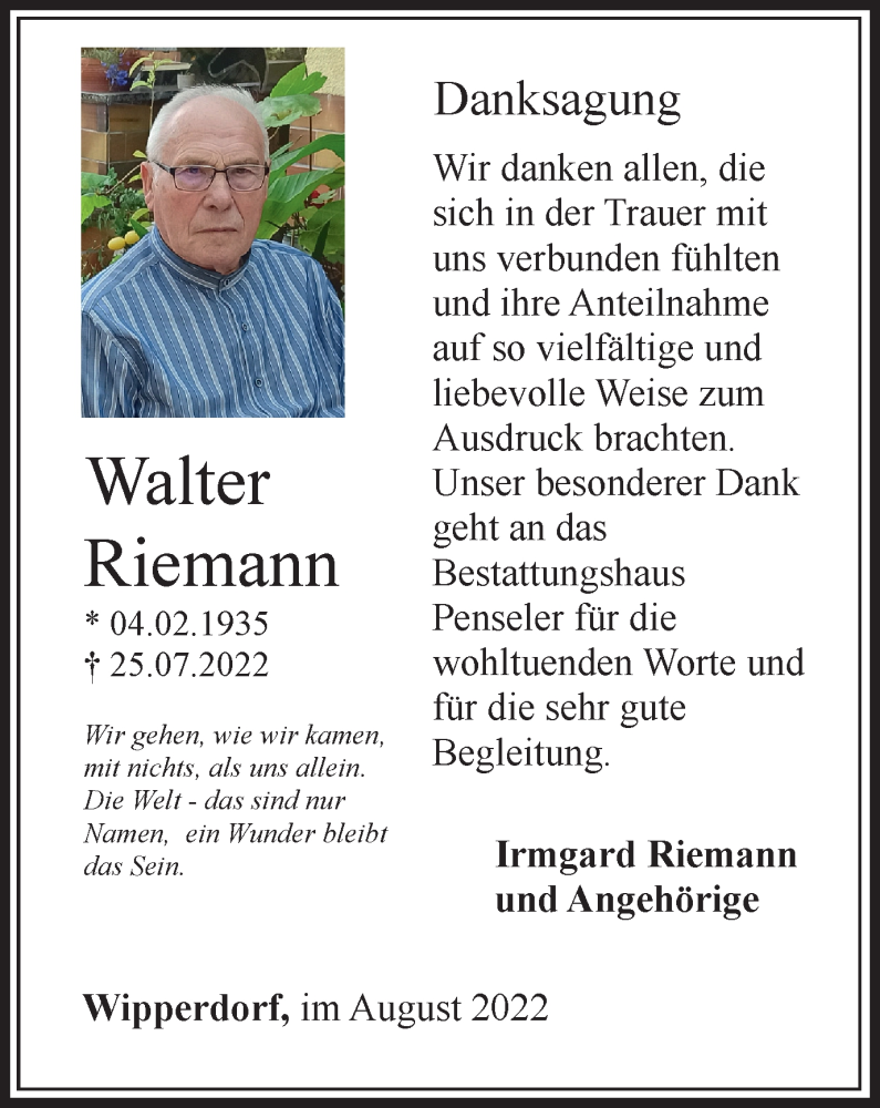  Traueranzeige für Walter Riemann vom 20.08.2022 aus Thüringer Allgemeine