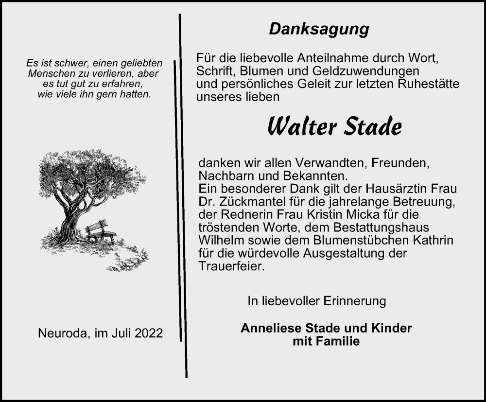  Traueranzeige für Walter Stade vom 27.08.2022 aus Thüringer Allgemeine
