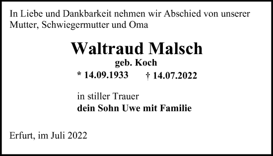 Traueranzeige von Waltraud Malsch von Thüringer Allgemeine, Thüringische Landeszeitung