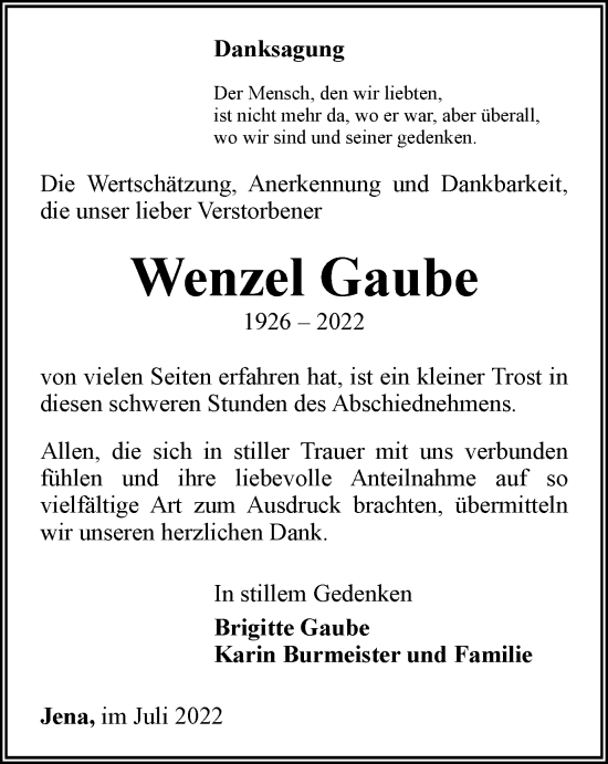 Traueranzeige von Wenzel Gaube von Ostthüringer Zeitung, Thüringische Landeszeitung