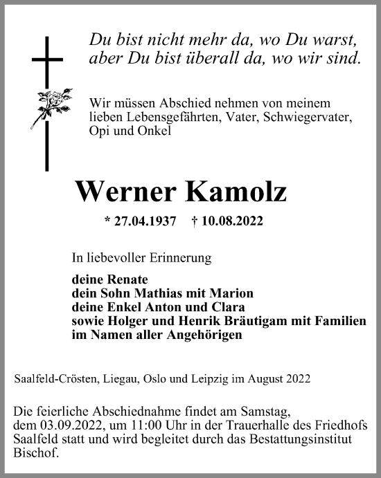 Traueranzeige von Werner Kamolz von Ostthüringer Zeitung