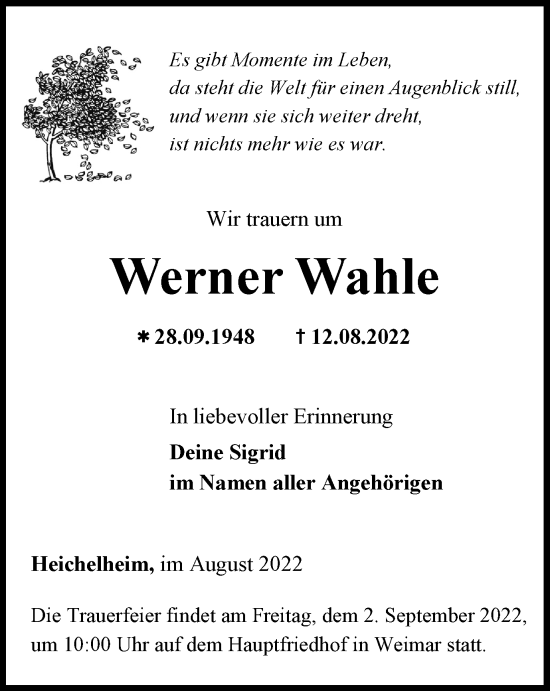 Traueranzeige von Werner Wahle von Thüringer Allgemeine, Thüringische Landeszeitung