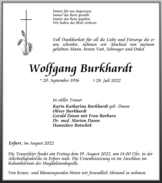 Traueranzeige von Wolfgang Burkhardt