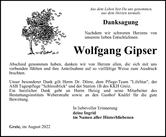 Traueranzeige von Wolfgang Gipser von Ostthüringer Zeitung