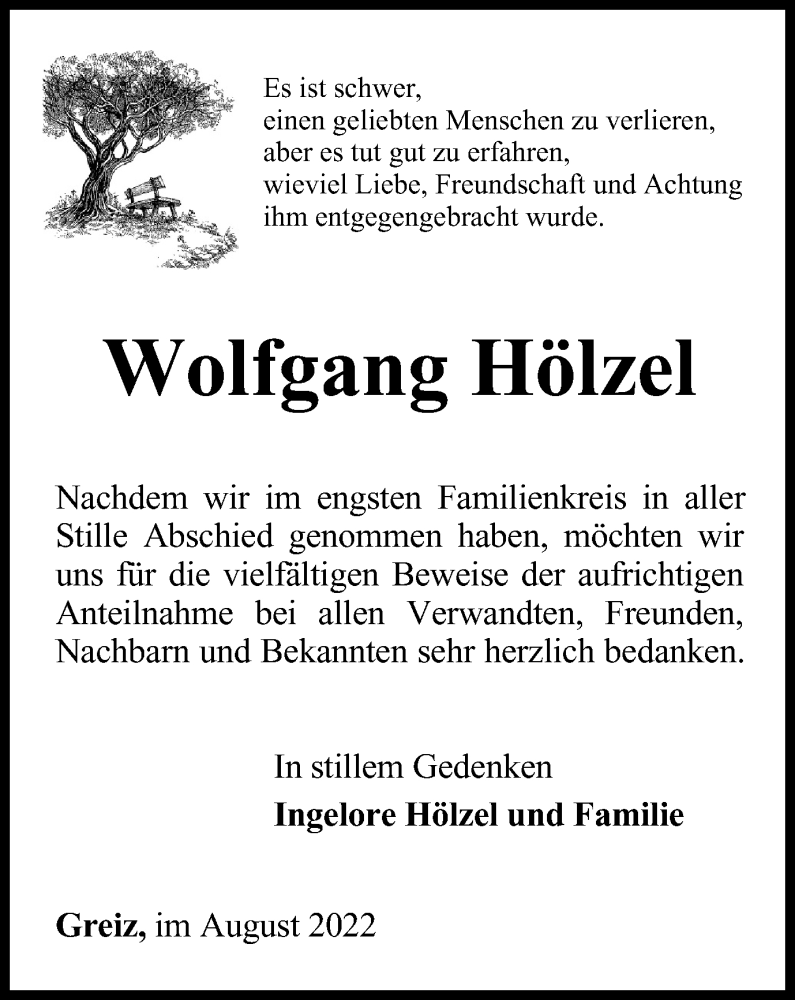  Traueranzeige für Wolfgang Hölzel vom 19.08.2022 aus Ostthüringer Zeitung