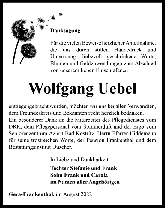 Traueranzeige von Wolfgang Uebel von Ostthüringer Zeitung