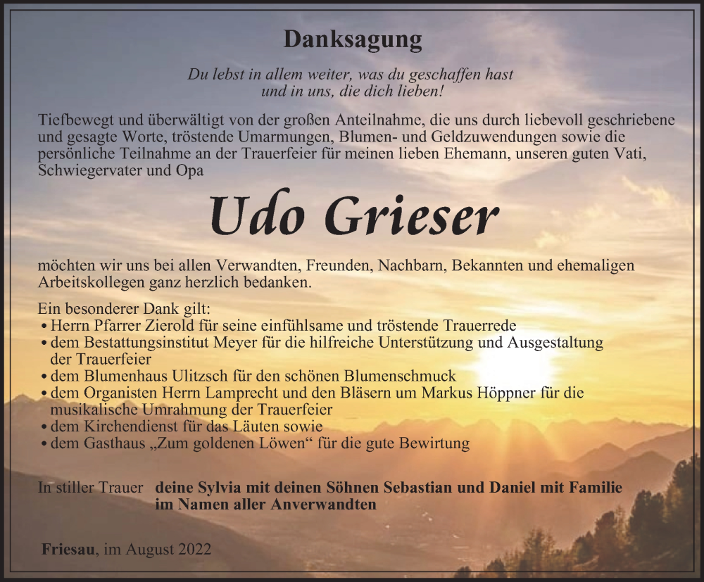  Traueranzeige für Udo Grieser vom 10.09.2022 aus Ostthüringer Zeitung