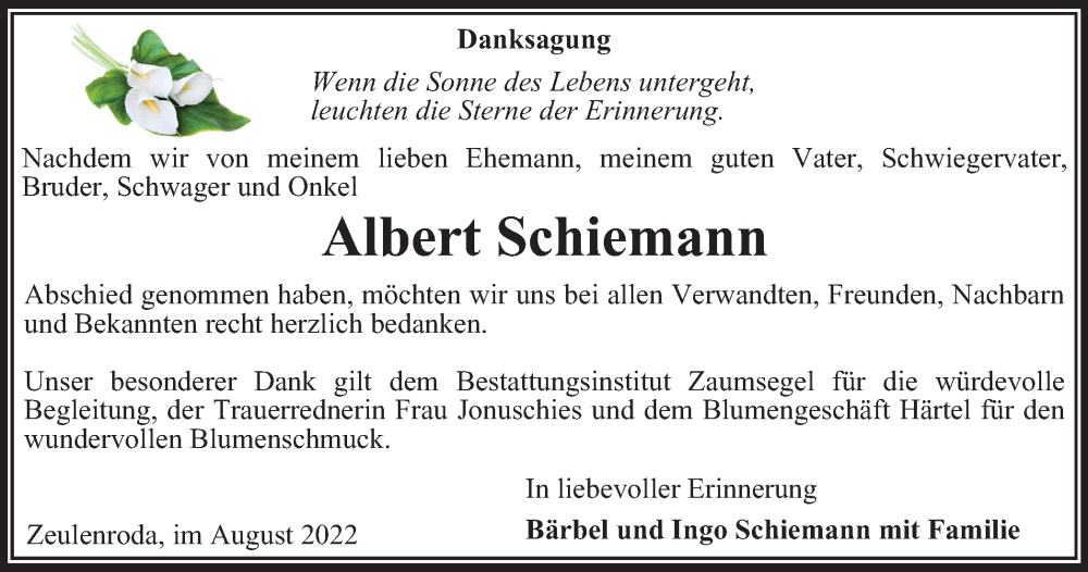  Traueranzeige für Albert Schiemann vom 03.09.2022 aus Ostthüringer Zeitung
