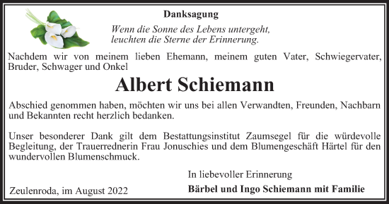 Traueranzeige von Albert Schiemann von Ostthüringer Zeitung