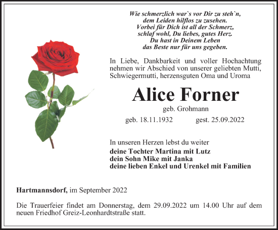 Traueranzeige von Alice Forner von Ostthüringer Zeitung