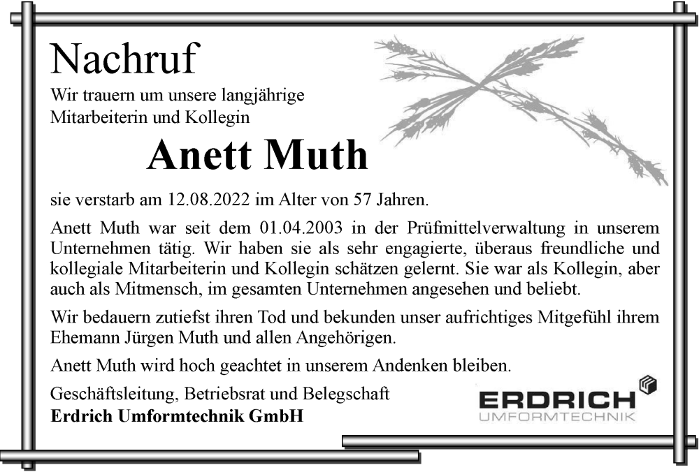  Traueranzeige für Anett Muth vom 17.09.2022 aus Thüringer Allgemeine