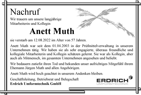 Traueranzeige von Anett Muth von Thüringer Allgemeine