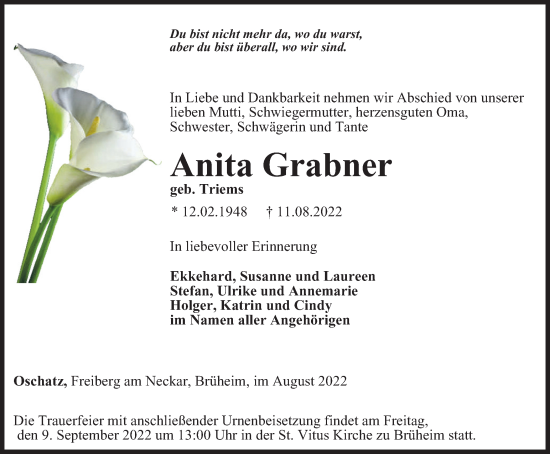 Traueranzeige von Anita Grabner von Thüringer Allgemeine, Thüringische Landeszeitung