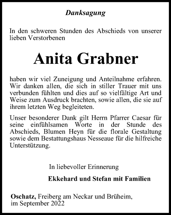 Traueranzeige von Anita Grabner von Thüringer Allgemeine, Thüringische Landeszeitung