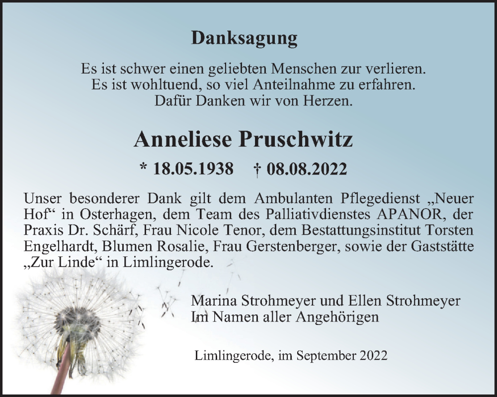  Traueranzeige für Anneliese Pruschwitz vom 09.09.2022 aus Thüringer Allgemeine