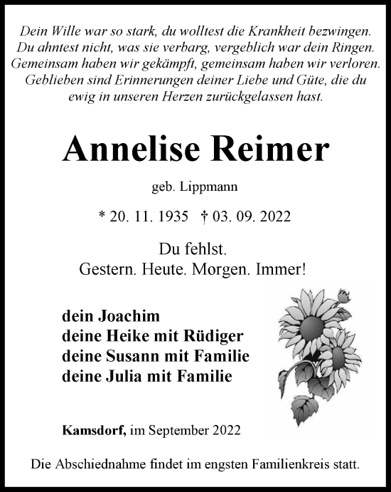 Traueranzeige von Annelise Reimer von Ostthüringer Zeitung