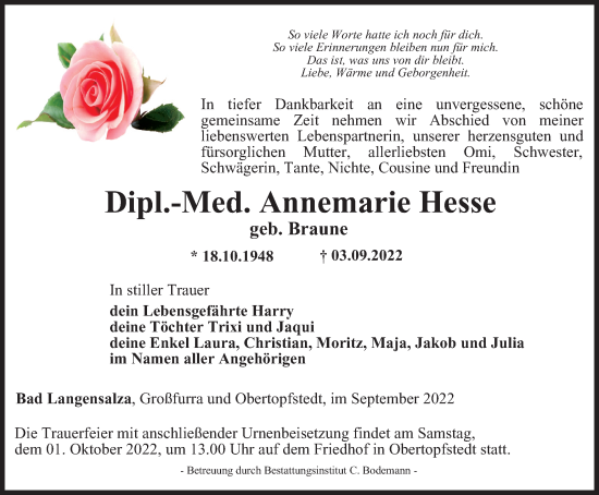 Traueranzeige von Annemarie Hesse