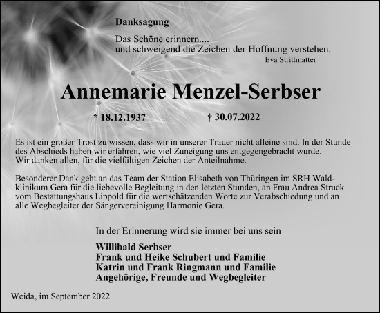 Traueranzeige von Annemarie Menzel-Serbser von Ostthüringer Zeitung