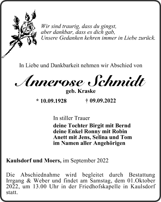 Traueranzeige von Annerose Schmidt von Ostthüringer Zeitung