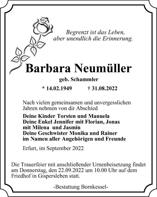 Traueranzeige von Barbara Neumüller von Thüringer Allgemeine, Thüringische Landeszeitung