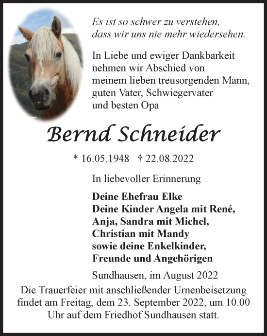 Traueranzeige von Bernd Schneider von Thüringer Allgemeine, Thüringische Landeszeitung