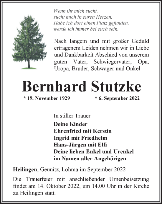 Traueranzeige von Bernhard Stutzke von Ostthüringer Zeitung