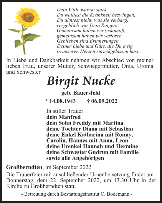 Traueranzeige von Birgit Nucke