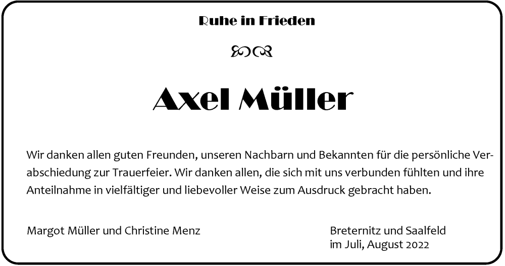  Traueranzeige für Axel Müller vom 27.08.2022 aus Ostthüringer Zeitung