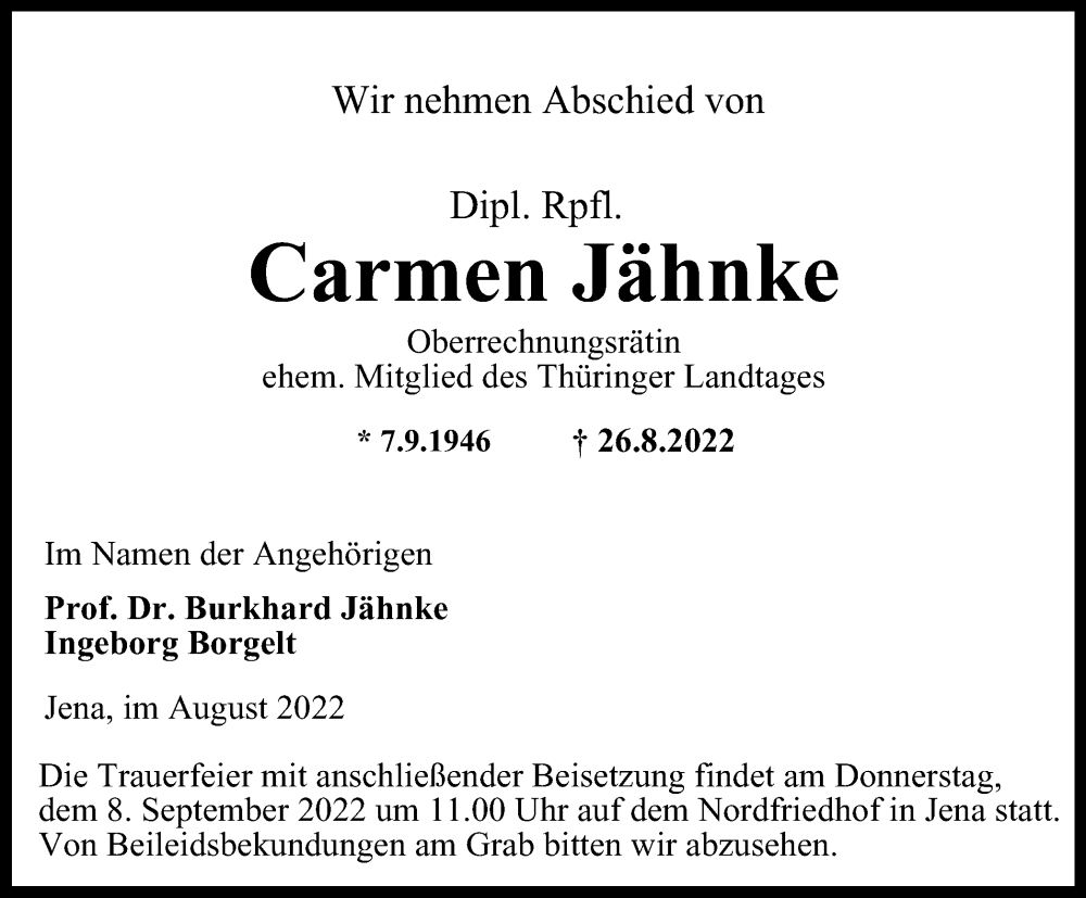 Traueranzeigen von Carmen Jähnke trauerinthueringen.de