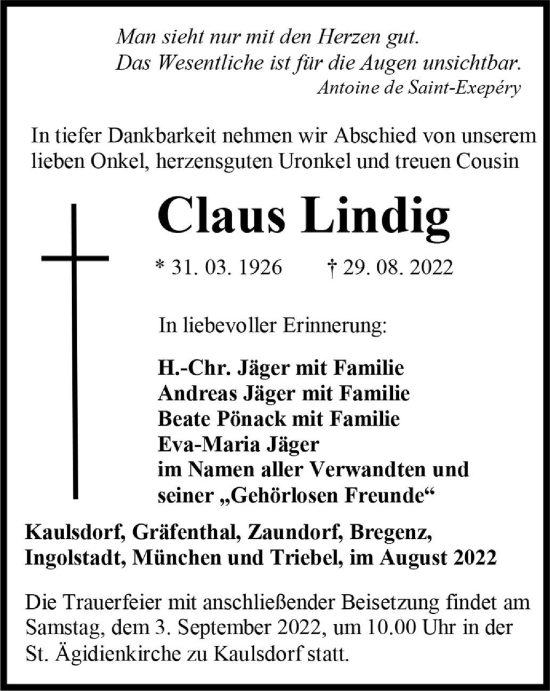 Traueranzeige von Claus Lindig von Ostthüringer Zeitung