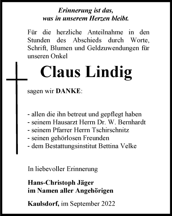 Traueranzeige von Claus Lindig von Ostthüringer Zeitung