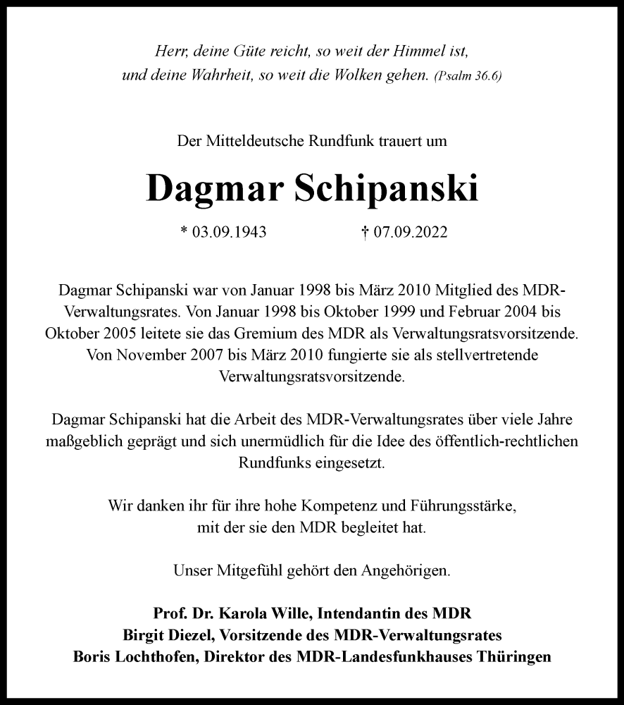  Traueranzeige für Dagmar Schipanski vom 17.09.2022 aus Thüringer Allgemeine, Thüringische Landeszeitung