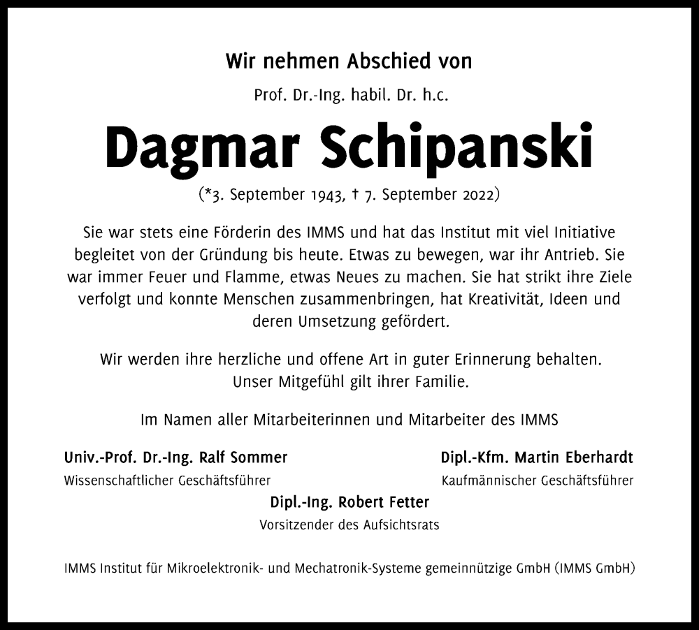  Traueranzeige für Dagmar Schipanski vom 17.09.2022 aus Thüringer Allgemeine