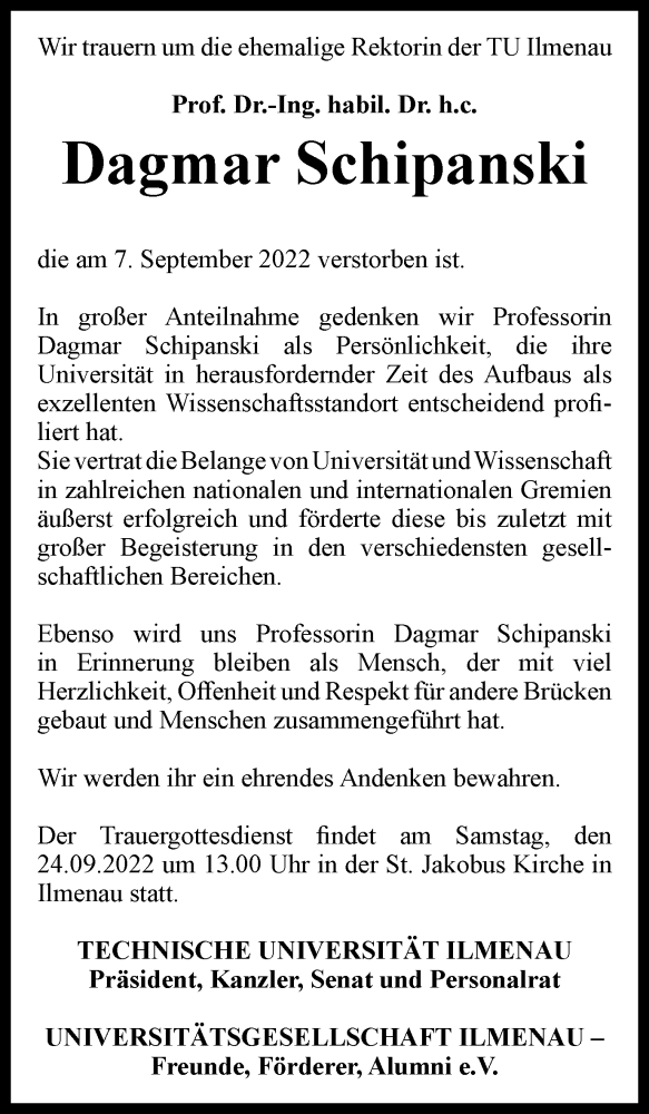  Traueranzeige für Dagmar Schipanski vom 17.09.2022 aus Thüringer Allgemeine, Thüringische Landeszeitung, Ostthüringer Zeitung
