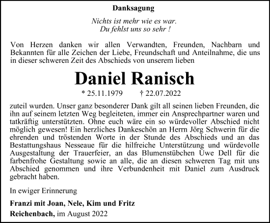 Traueranzeige von Daniel Ranisch von Thüringer Allgemeine, Thüringische Landeszeitung