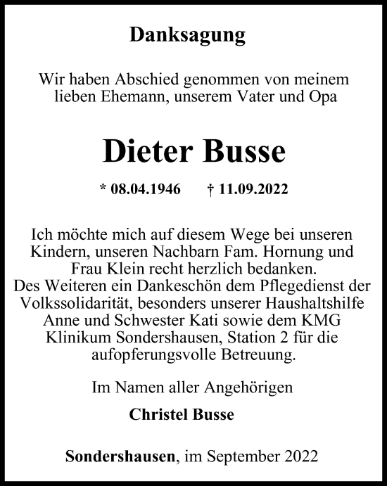 Traueranzeige von Dieter Busse