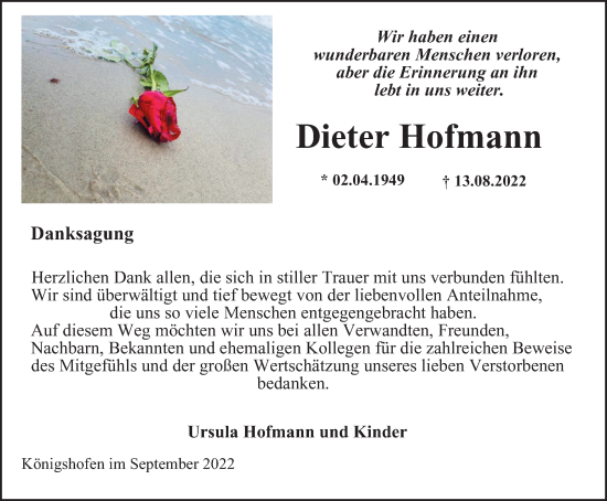 Traueranzeige von Dieter Hofmann von Ostthüringer Zeitung