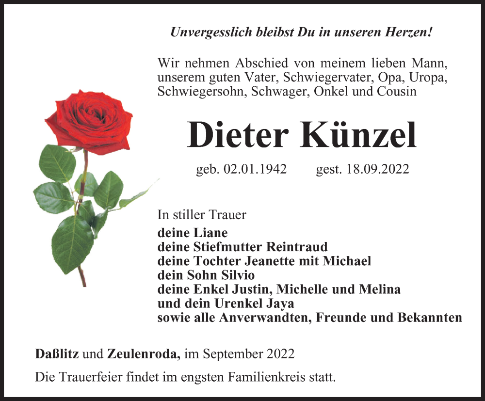  Traueranzeige für Dieter Künzel vom 23.09.2022 aus Ostthüringer Zeitung