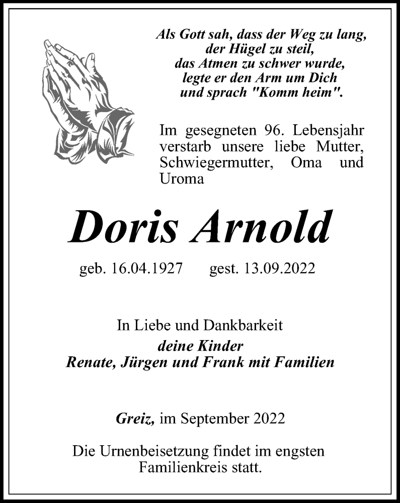  Traueranzeige für Doris Arnold vom 16.09.2022 aus Ostthüringer Zeitung