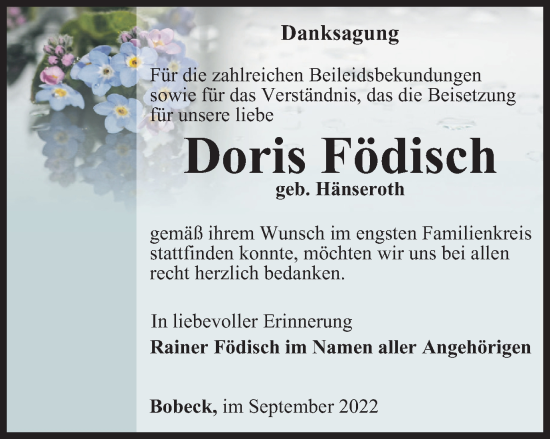 Traueranzeige von Doris Födisch von Ostthüringer Zeitung