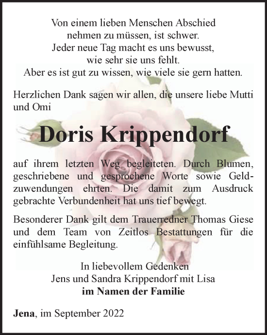 Traueranzeige von Doris Krippendorf von Ostthüringer Zeitung, Thüringische Landeszeitung