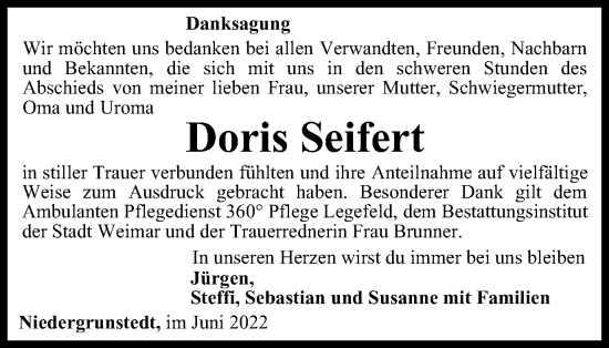 Traueranzeige von Doris Seifert von Thüringer Allgemeine, Thüringische Landeszeitung