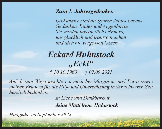 Traueranzeige von Eckard Huhnstock von Thüringer Allgemeine, Thüringische Landeszeitung