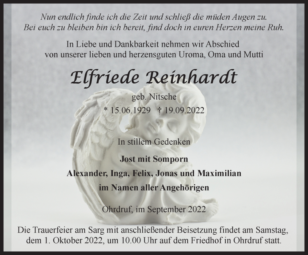  Traueranzeige für Elfriede Reinhardt vom 24.09.2022 aus Thüringer Allgemeine, Thüringische Landeszeitung