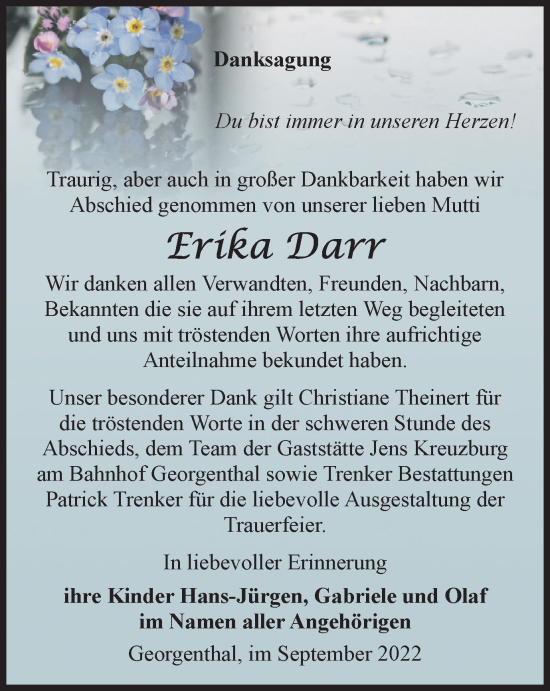 Traueranzeige von Erika Darr von Thüringer Allgemeine, Thüringische Landeszeitung