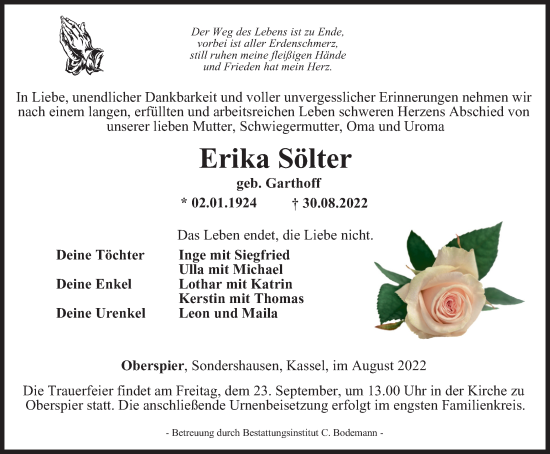 Traueranzeige von Erika Sölter