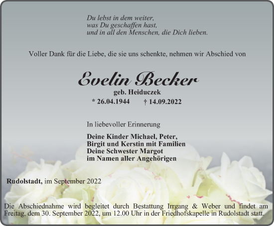 Traueranzeige von Evelin Becker von Ostthüringer Zeitung